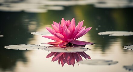 A serene pink lotus flower rests gracefully on tranquil water, its reflection mirroring its delicate beauty.