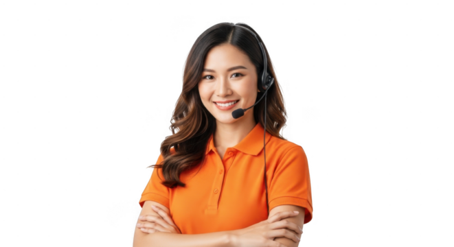 A smiling asian woman with dark wavy hair wearing an orange polo shirt and a headset isolated on transparent background