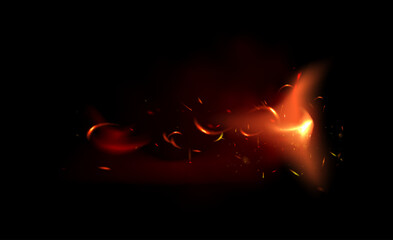 Flame of fire with sparks on a black background. The texture of the fiery storm. The fiery sparks of lights flash, a shot of a flying spark in the air. a dark night. © luda