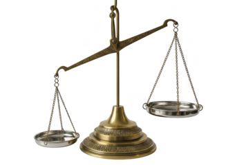 Antique brass balance scale isolated on transparent background for justice concept