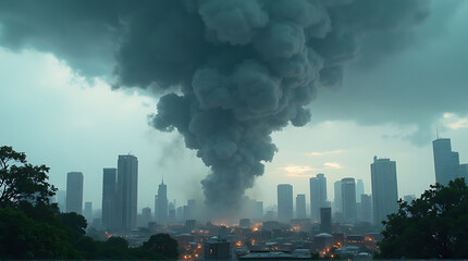 Dramatic skyline view of a city shrouded in smoke with apocalyptic atmosphere