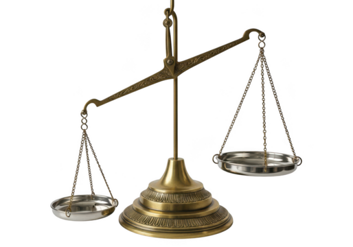 Antique brass balance scale isolated on transparent background for justice concept