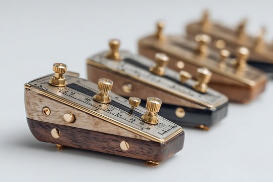 Wheatstone Bridge Metal Top, Scales, Golden Knobs, Wood Case on White Surface