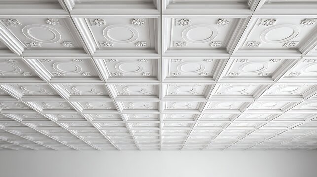 White Coffered Ceiling Panels with Circular and Floral Motifs in a Grid Pattern