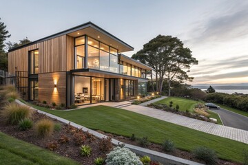 Obraz premium Modern luxury home Auckland New Zealand. Contemporary design with wood facade, glass windows. Exterior architecture, residential property with lawn, garden, pathway. Evening, dusk photo.