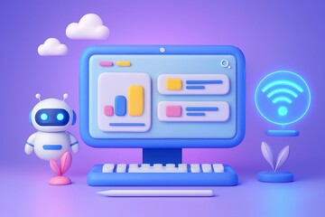 Cute cartoon robot and futuristic computer setup with glowing wifi symbol and fluffy clouds on purple background