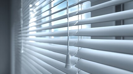 White Horizontal Window Blinds with Pull Cord Allowing Light to Filter Through