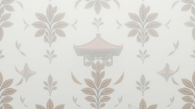  Precise architectural color photograph of a seamless abstract decorative 3D leaves pattern background in thick fog. Low visibility, sharp lines, detailed structures, and wide-angle perspective