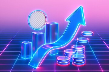 Futuristic glowing blue arrow chart indicates upward financial growth and positive economic progress against a vibrant neon grid background