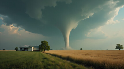 Dramatic Tornado Threatening a Rural Farmhouse Amidst a Vast Open Landscape