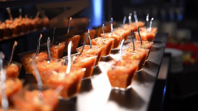 Candy Bar on the celebrating party event. Colorful cake dessert cups with tiny spoons on Display Stand.