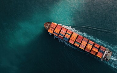 Drone shot of cargo ship navigating deep waters with colorful containers stacked on deck symbolizing efficient supply chain and ocean freight services for global trade
