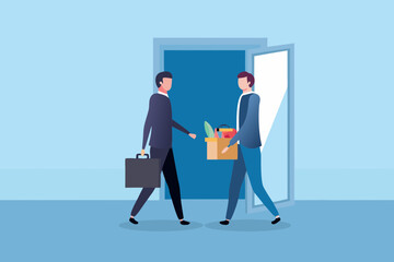 Man carrying box of belongings exits office as colleague watches by the doorway