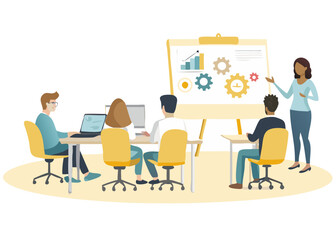 Diverse team collaborating in a modern office during a business presentation with charts and gears on a whiteboard