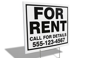 A simple, white yard sign proclaims "For Rent" with a black phone number for inquiries.