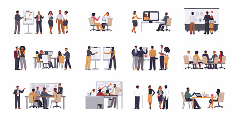 Obraz premium Diverse business professionals collaborating and presenting in various meeting and office settings with whiteboards and computers