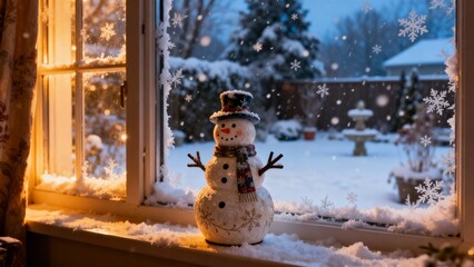 창가의작은눈사람과눈오는겨울풍경