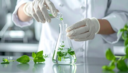 Hands pouring herbal extract into glass flask for traditional medicine preparation