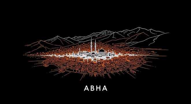 Illustrated Skyline of Abha, Saudi Arabia at Night, Graphic Design - Powered by Adobe