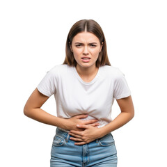 Young woman experiencing stomach pain and discomfort isolated on transparent background