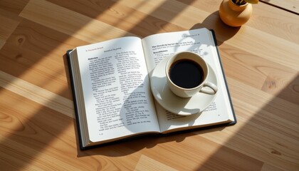 Cozy coffee moment with open book home office lifestyle content warm environment overhead view relaxation concept