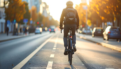 Cyclist Riding on City Street with Sunlight Commuting and Healthy Lifestyle in Urban Environment