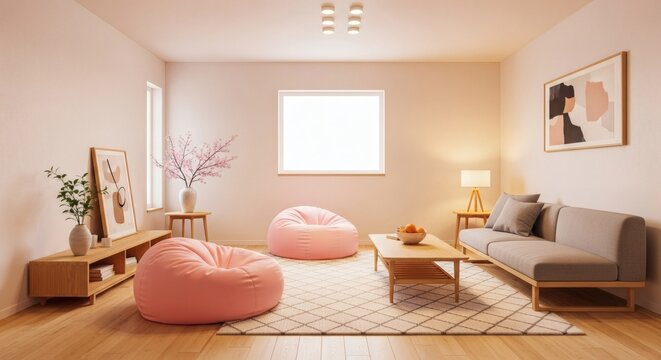 Modern living room interior design with pink beanbag chairs and minimalist decor creates a warm, inviting atmosphere perfect for relaxation and comfort