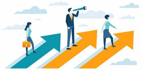 Business people climbing up arrows representing growth and future success with one looking through a telescope