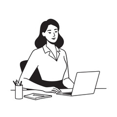 Black and white line art of a beautiful successful career woman working at desk with laptop illustration