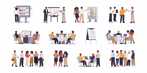 Diverse group of people in various business meeting and presentation scenarios