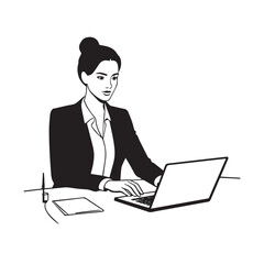 Black and white line art of a beautiful successful career woman working at desk with laptop illustration
