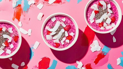 Tropical smoothie bowls with dragon fruit, coconut flakes, chia seeds, overhead shot, vibrant summer aesthetic, high-resolution stock image  png