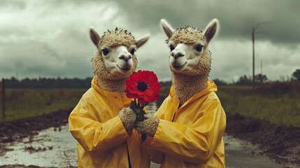 Two alpacas in yellow raincoats holding a red bloom, standing in a muddy field under a cloudy sky, hyperreal color palette, 8K macro clarity. png
