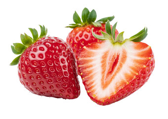 fresh strawberries: whole and half cut on white background.