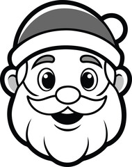 Cartoon outline of Santa Claus face with hat, black and white vector.
