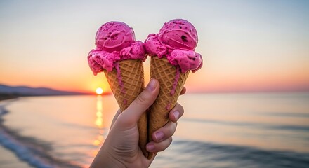 Two pink ice cream cones held aloft at sunset over a tranquil ocean scene.