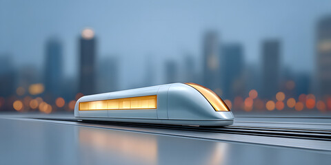 Transportation Hyperloop Prototype theme. Futuristic train gliding through an urban landscape at dusk.