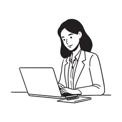 Black and white line art of a beautiful successful career woman working at desk with laptop illustration