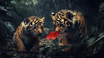 Two baby tigers holding a red flower with their tails in a jungle rainstorm, dramatic lighting, intense contrast, 8K with wet fur texture.  png
