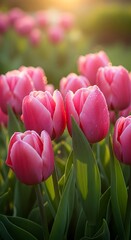 Close-up view of vibrant pink tulips in a garden bathed in morning sunlight, showcasing delicate dew drops.