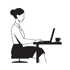 Black and white line art of a beautiful successful career woman working at desk with laptop illustration