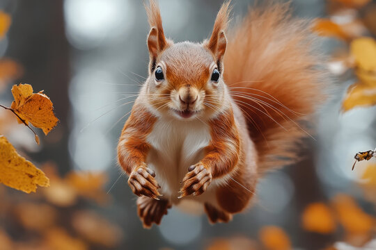 Squirrel soaring with outstretched paws.