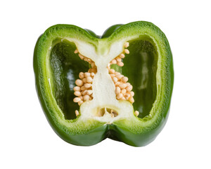 sliced green bell pepper with seeds on white background.