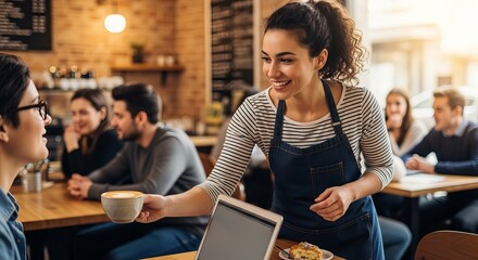 Cheerful barista serves coffee to customer working on laptop in a cozy café during the afternoon