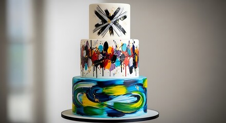 A multi-tiered cake, adorned with vibrant abstract art designs, showcasing a delightful array of colors and textures.