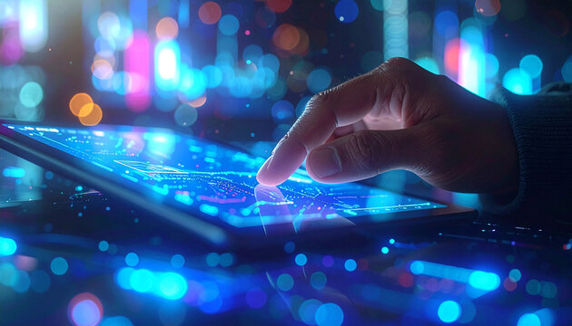 Digital interaction and Futuristic interface: A close-up shot of a hand gracefully interacting with a cutting-edge tablet, with data illuminating the digital landscape.