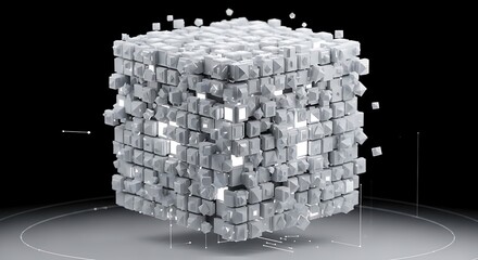 A complex, fragmented cube composed of smaller geometric shapes, illuminated by light, against a dark background.