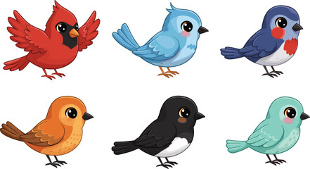 Cartoon birds illustration, colorful bird characters, cute animal clipart, whimsical avian artwork, decorative nature drawing, playful wildlife design, children’s art