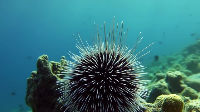 Underwater close-up of a sea urchin with numerous sharp spines, against a backdrop of vibrant teal water and coral