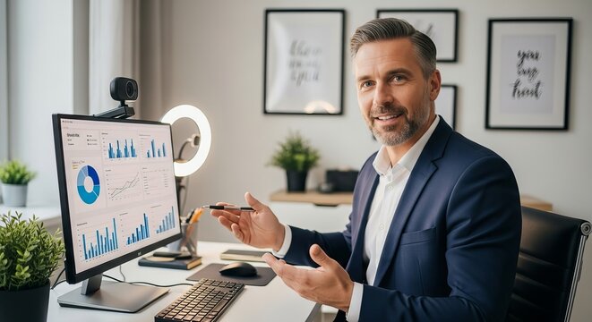 Business coach presents growth metrics during an engaging online call with clients